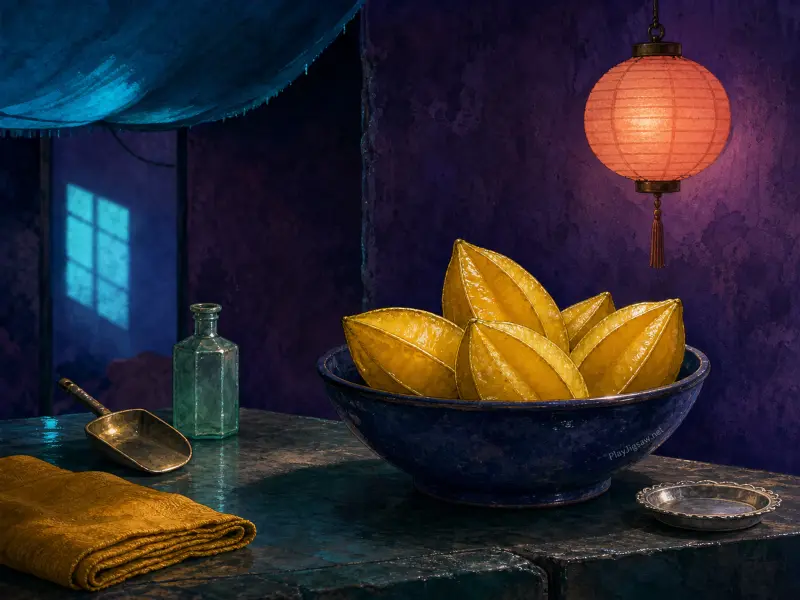 A blue bowl heaped with bright yellow starfruit on a rustic table beneath a glowing paper lantern.