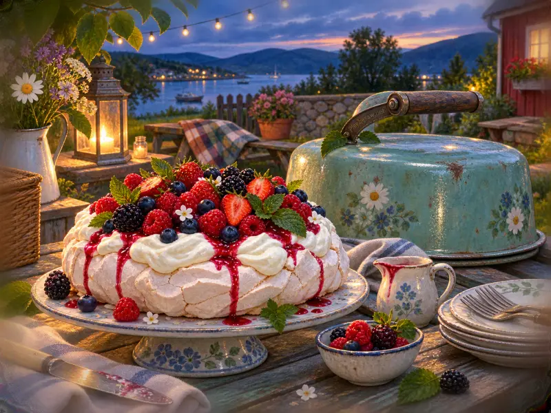 A berry pavlova with whipped cream and fresh fruit on a rustic outdoor table overlooking a coastal bay at dusk.