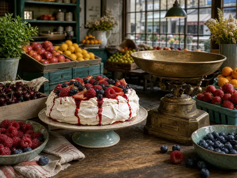 A berry-topped pavlova cake and vintage brass balance scale surrounded by bowls of fresh fruit on a rustic bakery table.
