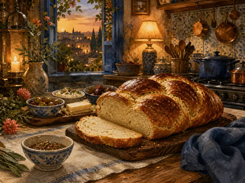 Freshly baked braided bread sliced on a cutting board beside bowls of olives near an open window overlooking a village.