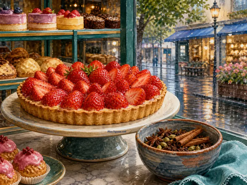 A fresh strawberry tart on a cake stand inside a bakery window overlooking a rainy street with glowing lights.