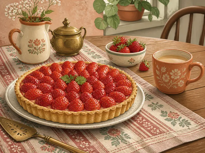 A fresh strawberry tart sits on a table runner beside a cup of tea, strawberries in a bowl, and a flower pitcher.