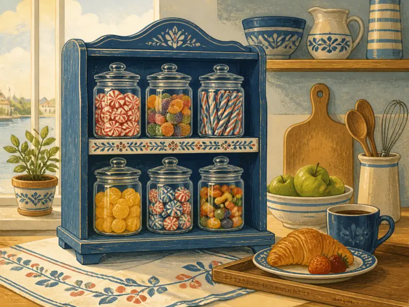 Six glass jars filled with colorful sweets sit inside a painted blue cabinet next to a croissant and coffee.
