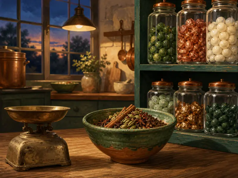 A bowl of whole spices and an antique scale on a wooden table beside jars of sweets on teal shelves.