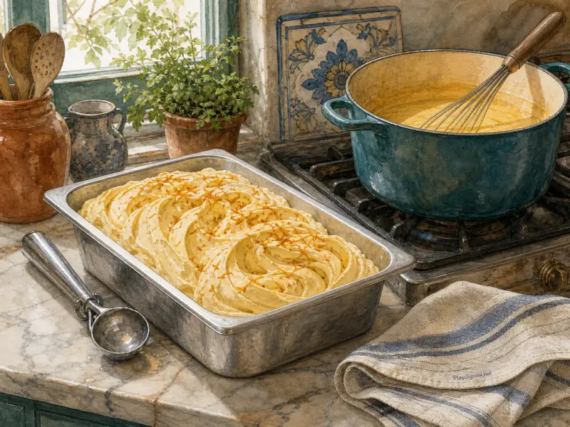 Freshly churned yellow gelato topped with orange zest in a metal container on a marble counter next to a teal pot.