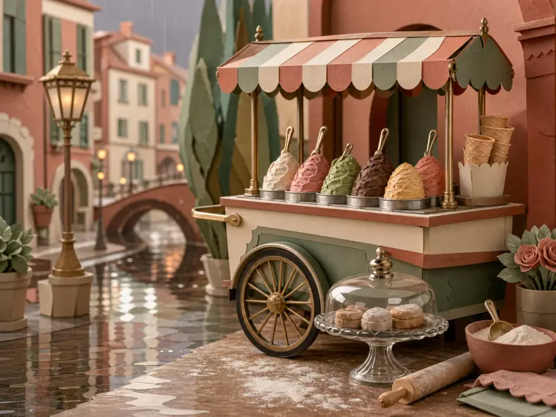 A miniature gelato cart filled with colorful ice cream stands beside a canal and bridge in an Italian town.