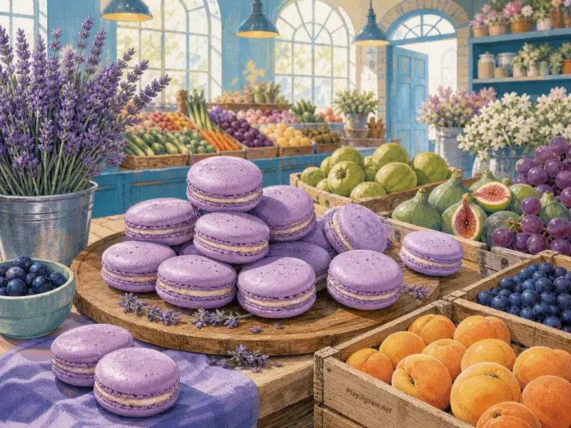 Purple macarons arranged on a wooden platter surrounded by crates of fruit and lavender in a sunlit shop.