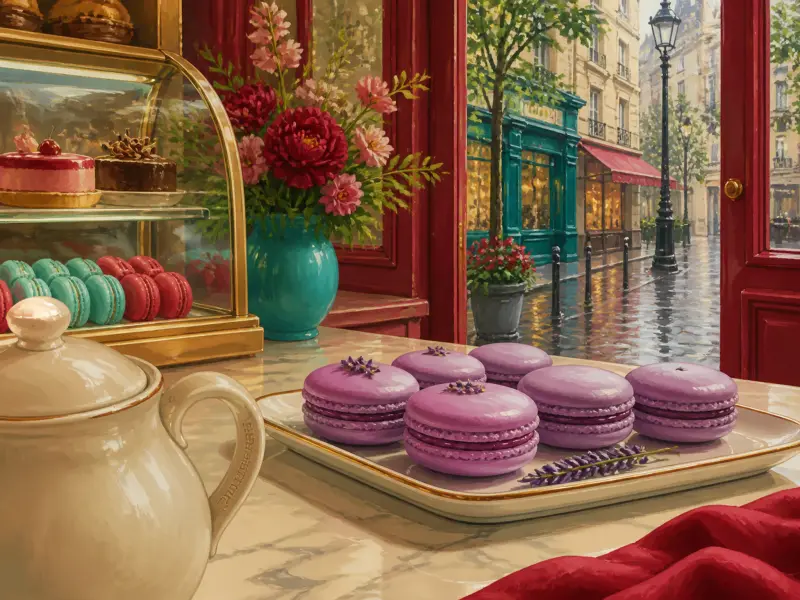 Fresh purple macarons on a bakery counter overlooking a charming rain-soaked city street.