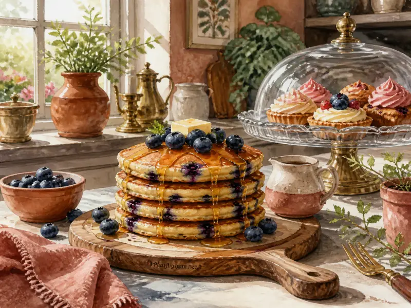 A stack of blueberry pancakes topped with melting butter and syrup beside pastries under a glass dome.