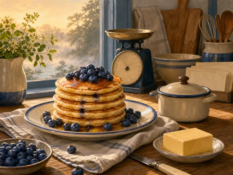 A tall stack of blueberry pancakes with syrup sits on a table beside a sunny window with butter and a vintage scale.