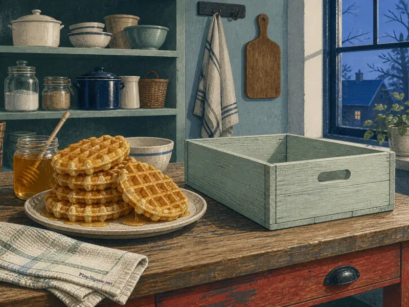 Stack of honey-drizzled waffles on a rustic kitchen counter beside an empty wooden crate and shelves.