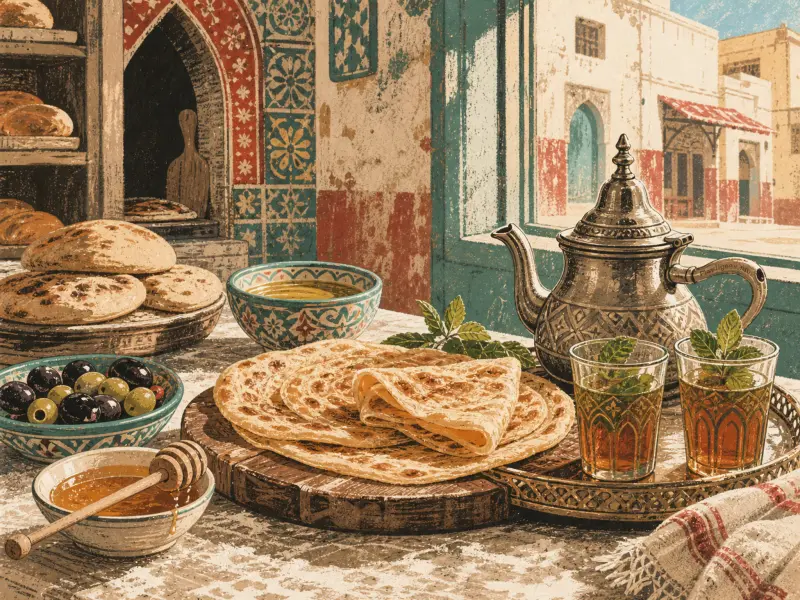 Fresh flatbreads, mint tea, olives, and honey arranged on a table in front of a traditional tiled baking oven.