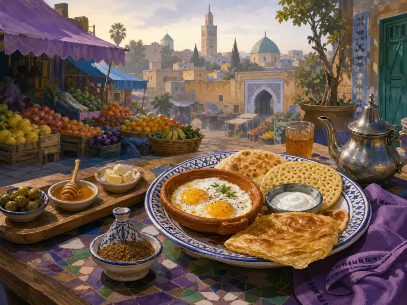 A Moroccan breakfast spread with fried eggs, flatbreads, honey, and tea overlooking an old city market.