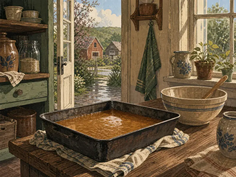 A large pan of fruit butter cools on a rustic wooden counter next to an open door looking onto a country garden.