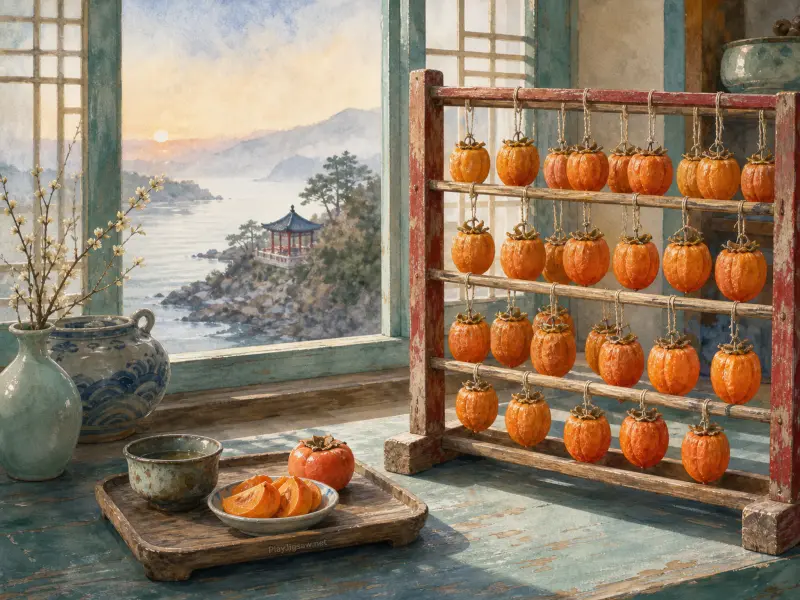 Rows of bright orange persimmons dry on a wooden rack by an open window overlooking a misty lake and pavilion.