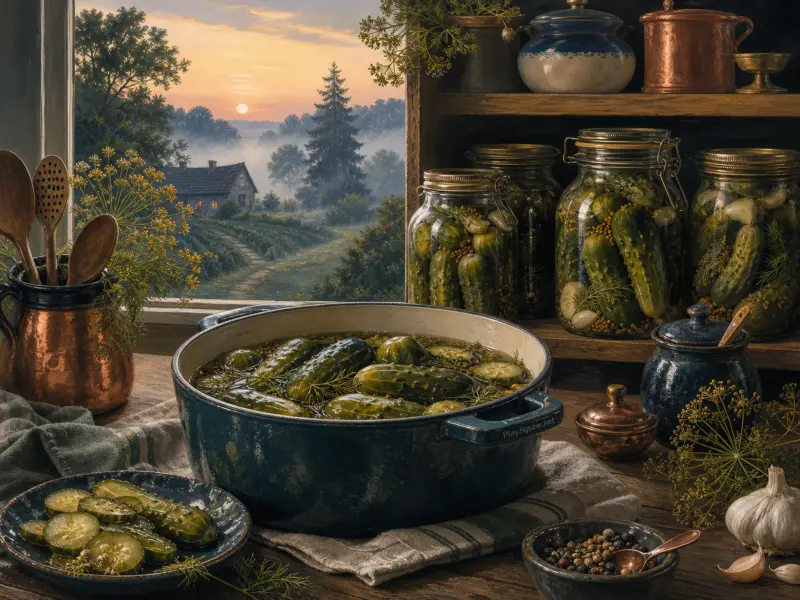 A pot and glass jars of pickling cucumbers on a counter beside a window overlooking a misty country sunrise.