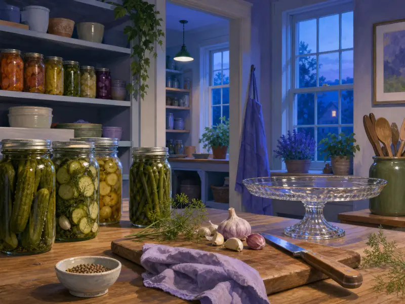 Pickled cucumbers and beans in glass jars on a kitchen counter beside garlic, dill, and a glass cake stand.