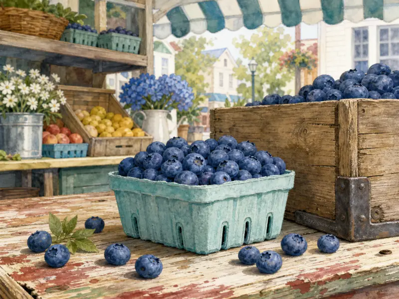 Fresh blueberries in a teal basket and wooden crate displayed on a weathered table at a village market.