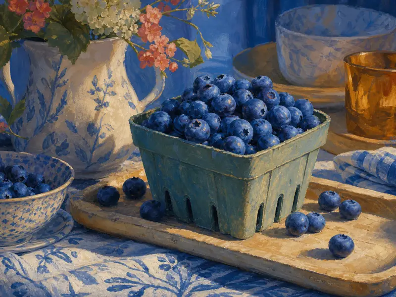 Still life painting of a green basket filled with ripe blueberries on a wooden tray beside flowers and blue china.