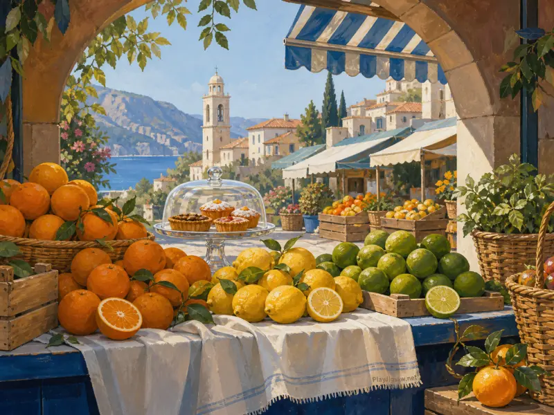 Fresh oranges, lemons, and limes on a market table overlooking a sunny Mediterranean coastal village and blue sea.