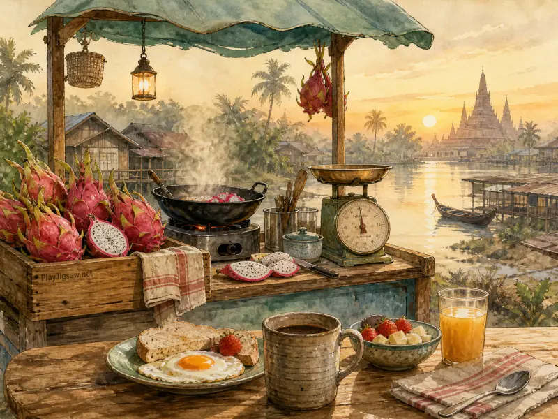 A riverside market stall with bright dragon fruit, breakfast dishes, and a distant temple during a golden sunrise.