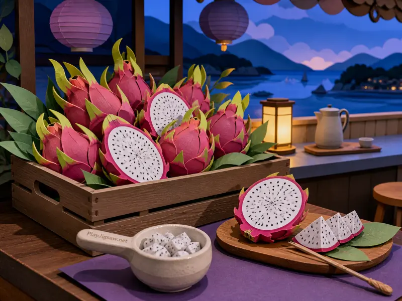 Papercraft dragon fruit in a wooden crate on a counter overlooking a calm coastal bay at dusk.
