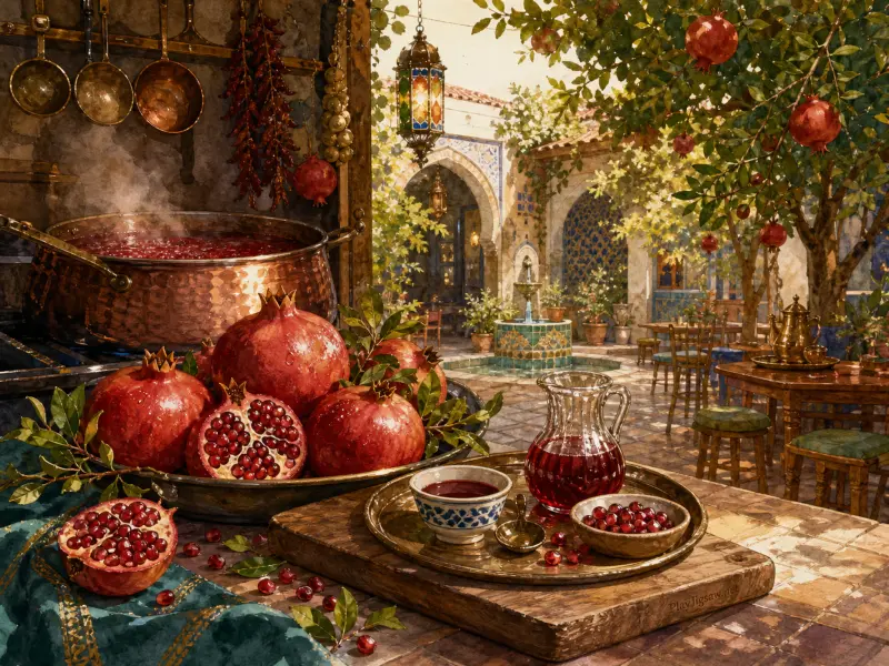 Ripe red pomegranates, a glass pitcher of juice, and a copper pot in a kitchen overlooking a sunlit courtyard fountain.