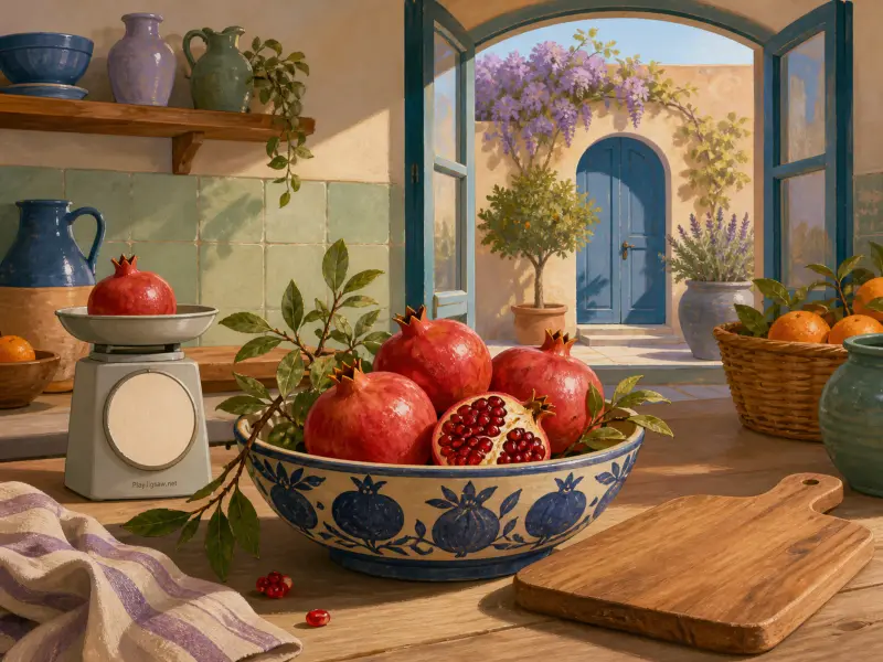 Ripe pomegranates in a ceramic bowl on a wooden kitchen counter overlooking a sunlit Mediterranean courtyard.