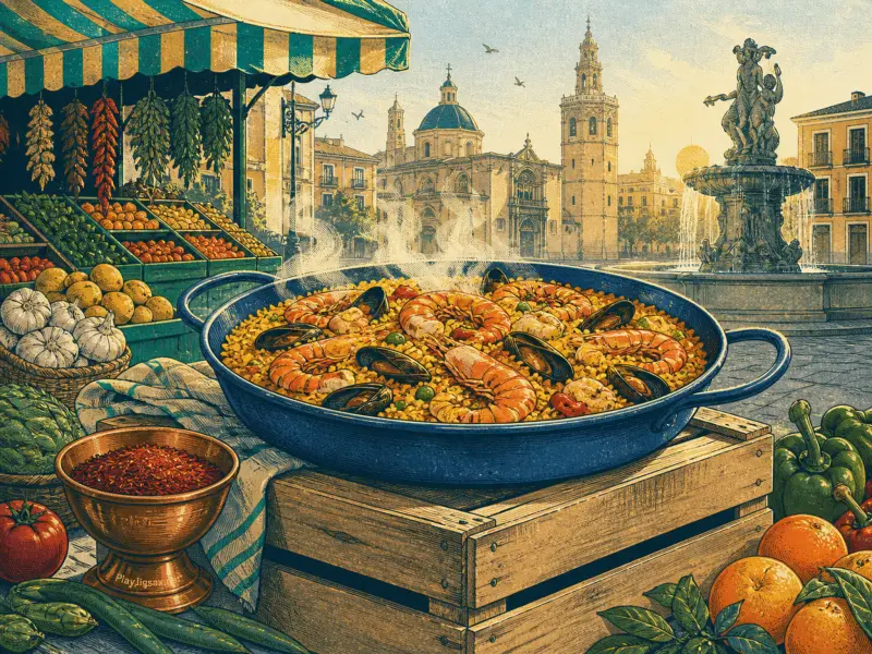 Steaming seafood paella in a large blue pan displayed at an outdoor market with a historic Spanish plaza in the background.