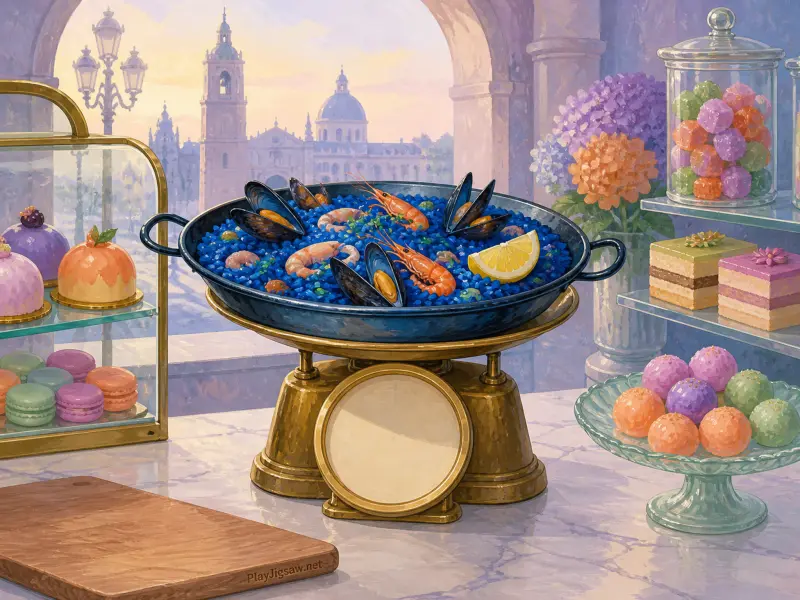A seafood paella pan on an antique scale surrounded by colorful pastries and a view of historic domes.