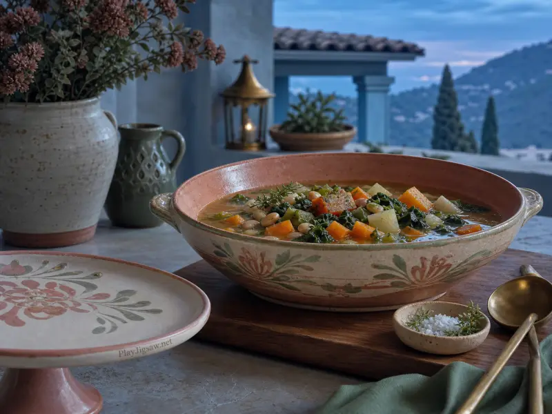 Rustic vegetable stew in a hand-painted bowl on an outdoor balcony overlooking distant hills at dusk.