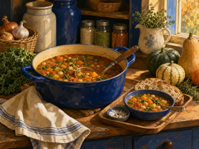 A pot of colorful vegetable stew on a rustic counter surrounded by squash, crusty bread, and sunlit pantry jars.