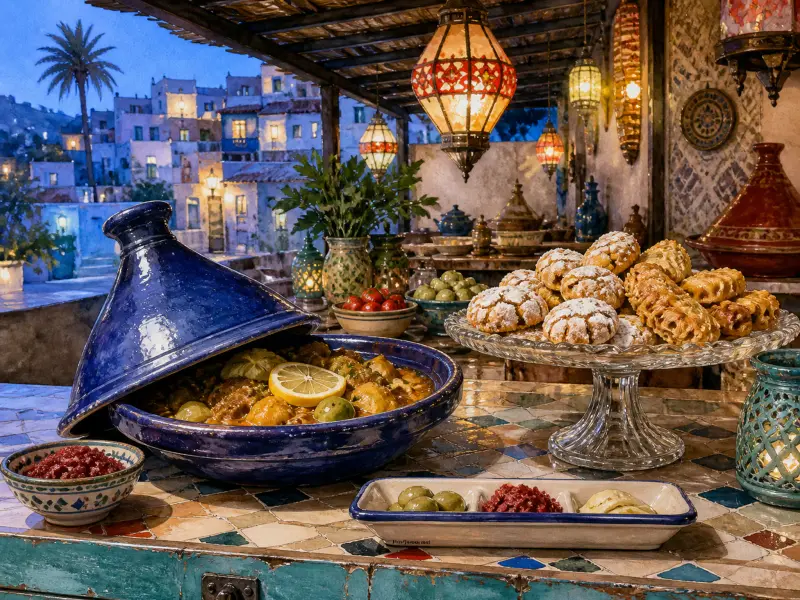 A blue ceramic tagine and sweet pastries sit on a terrace table under glowing lanterns with a village behind.