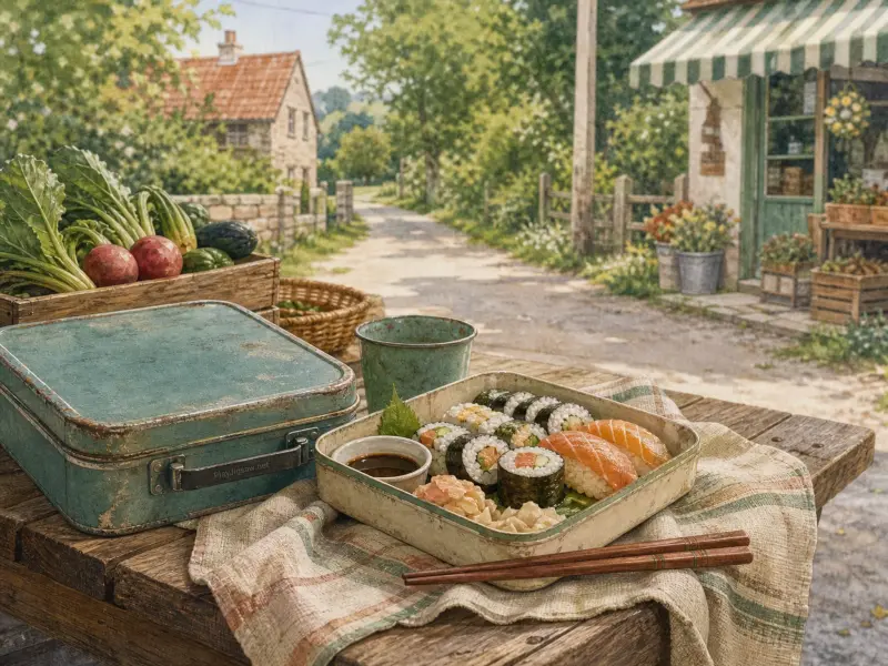 A sushi lunchbox with rolls and nigiri beside a vintage teal tin on an outdoor table along a country road.