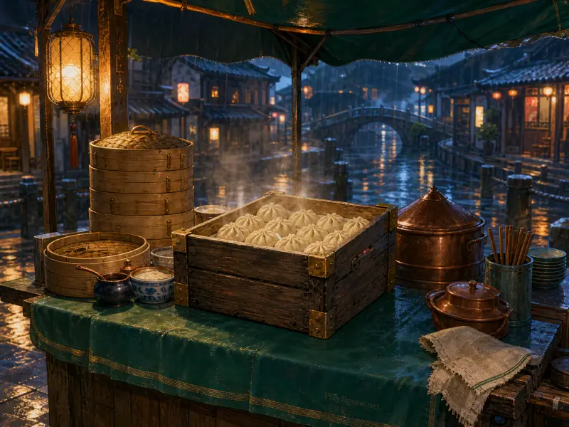Steaming baozi buns inside a wooden box at a street food stall beside a rainy canal with glowing lanterns.