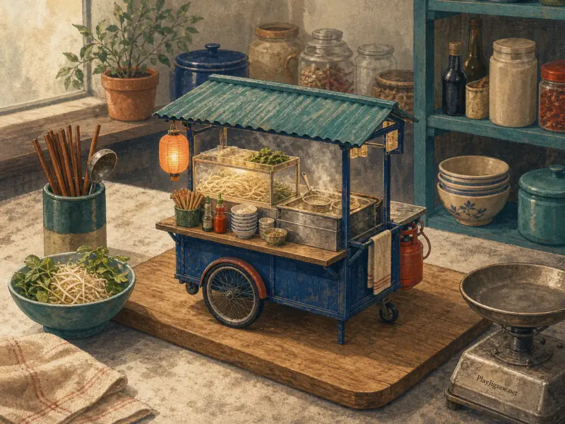 A detailed miniature blue noodle street cart with a glowing paper lantern and steam set on a kitchen cutting board.