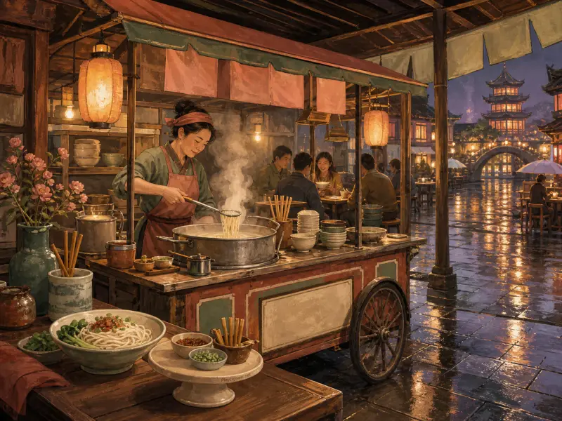A woman cooks noodles at a wooden street food cart lit by lanterns beside a rainy stone courtyard.
