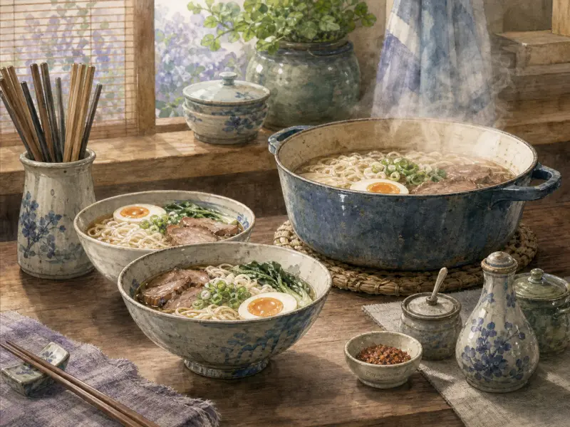 Bowls of ramen and a large steaming cooking pot served with chopsticks on a rustic wooden table by a window.