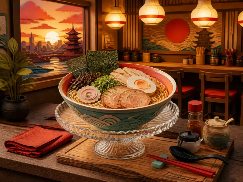 A decorative bowl of ramen on a glass pedestal in a cozy restaurant with a sunset view through the window.