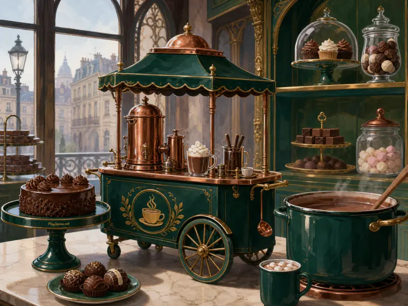 An ornate dark green chocolate cart with copper urns, chocolate cake, truffles, and a steaming pot of cocoa.