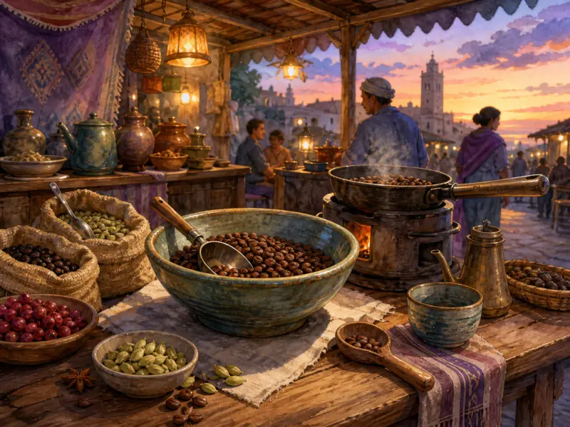 Bowls of roasted coffee beans, cardamom pods, and a roasting pan over hot coals at an open-air sunset bazaar.