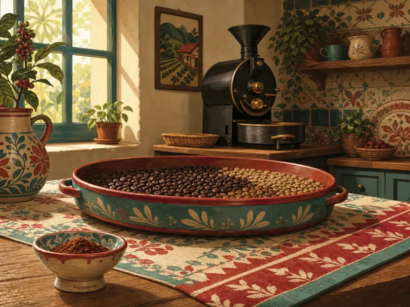 A decorative tray of assorted coffee beans on a kitchen table beside a vintage roaster and sunny window.