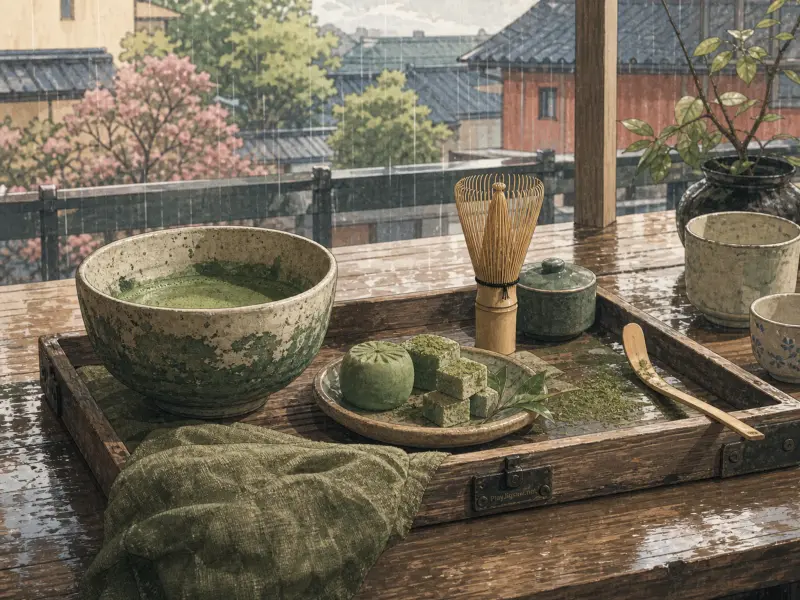 Matcha tea bowl and wagashi sweets arranged on a wooden tray overlooking a rainy Japanese town.