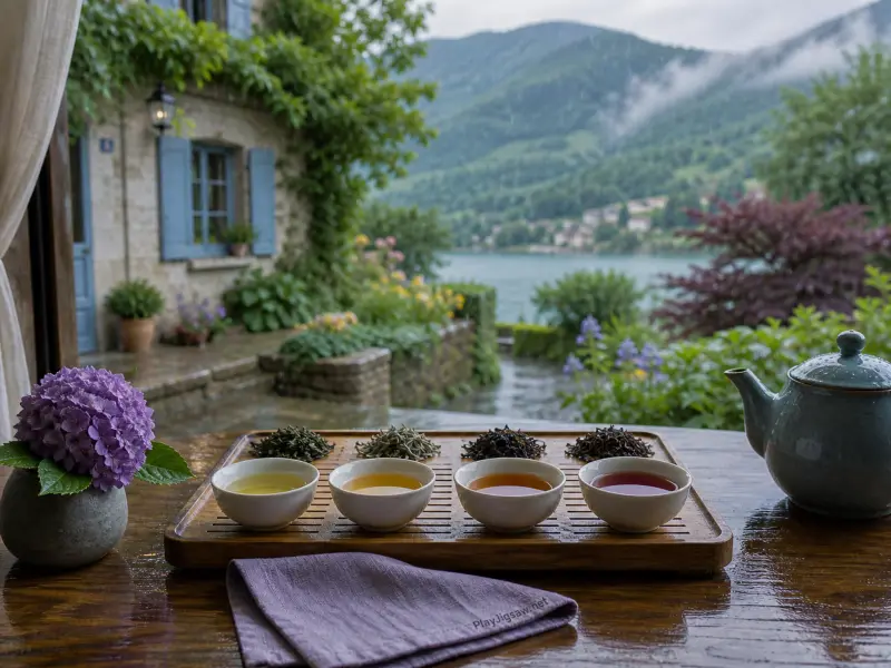 Four bowls of tea and a ceramic teapot on a wooden table overlooking a rainy mountain lake and stone cottage.