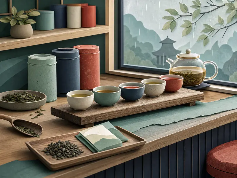 A row of small tea cups on a wooden board next to a glass teapot overlooking a misty, rainy landscape.