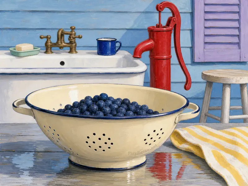 Enamel colander filled with blueberries sits on a table beside an outdoor sink, red water pump, and yellow striped towel.