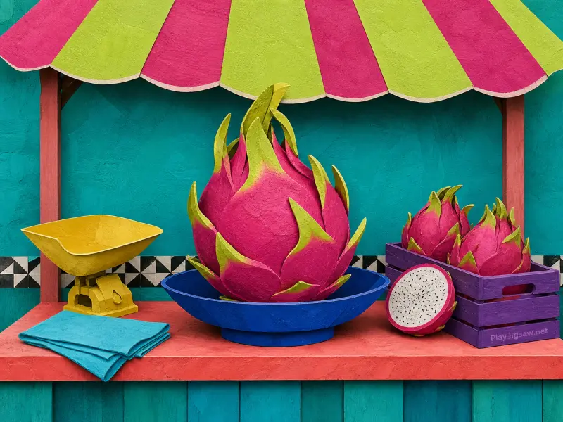 Sculpted paper dragon fruit display on a red market counter beneath a pink and lime striped awning.