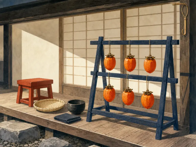 Six bright orange persimmons hang to dry on a wooden rack on a traditional Japanese veranda.