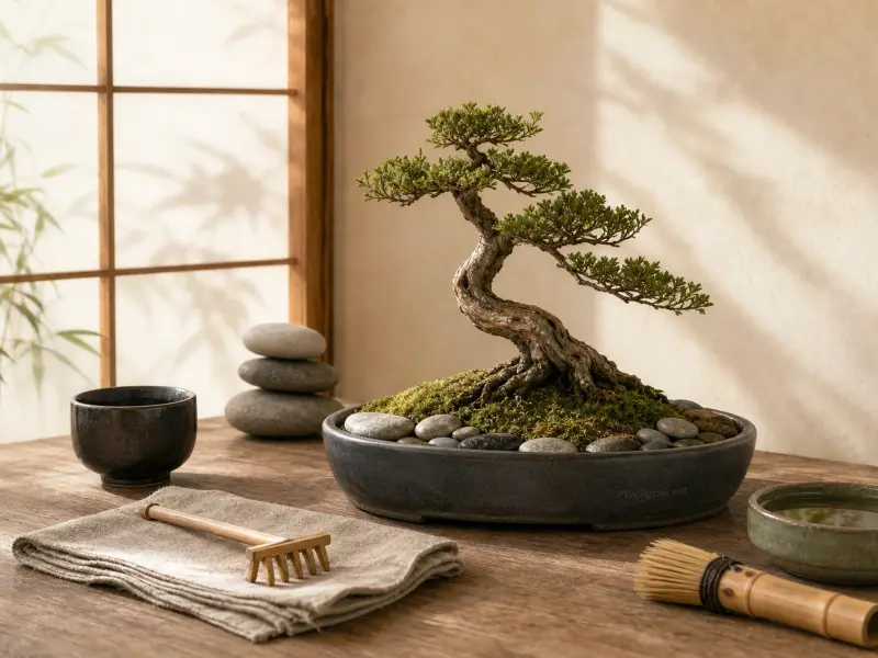 Bonsai tree in a ceramic dish on a wooden table beside stacked stones, a miniature rake, and a shoji screen.
