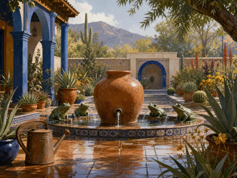 Sunlit hacienda courtyard with a central terracotta urn fountain, frog statues spouting water, and potted agaves.